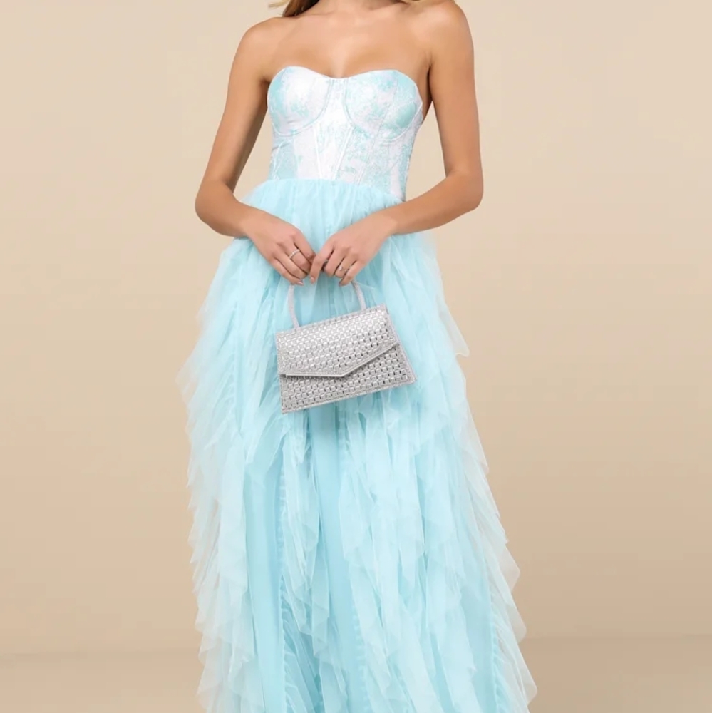 Lulu's White and Blue Ruffled Tiered Prom Gown